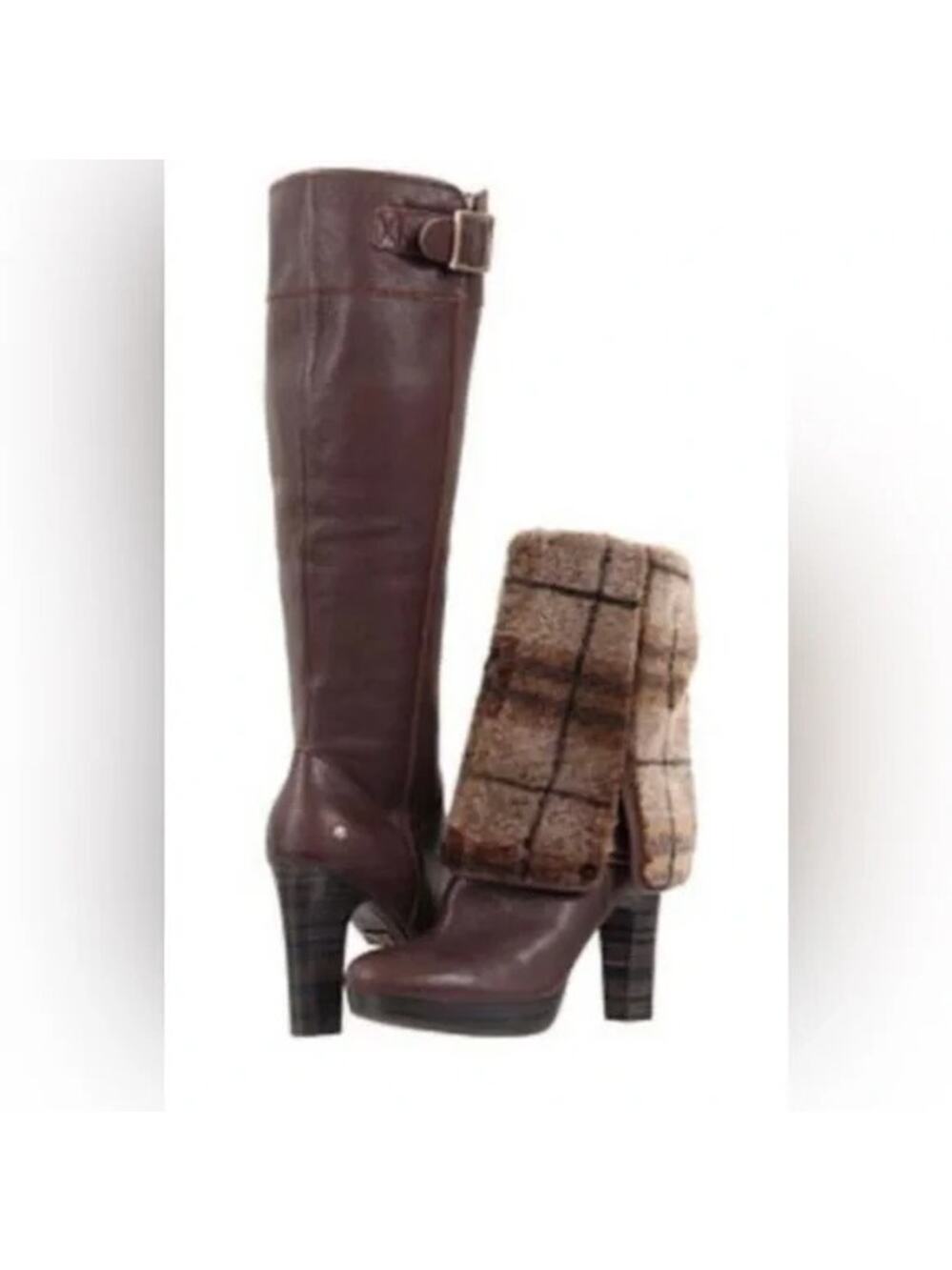 Ugg Australia Savoie Brown Leather Fold Down Platform Heeled Boots Shoes Size 8